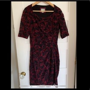 Anthropologie Maeve Elorn Sheath Dress Lace Stretch Maroon Black Ruched Size 8